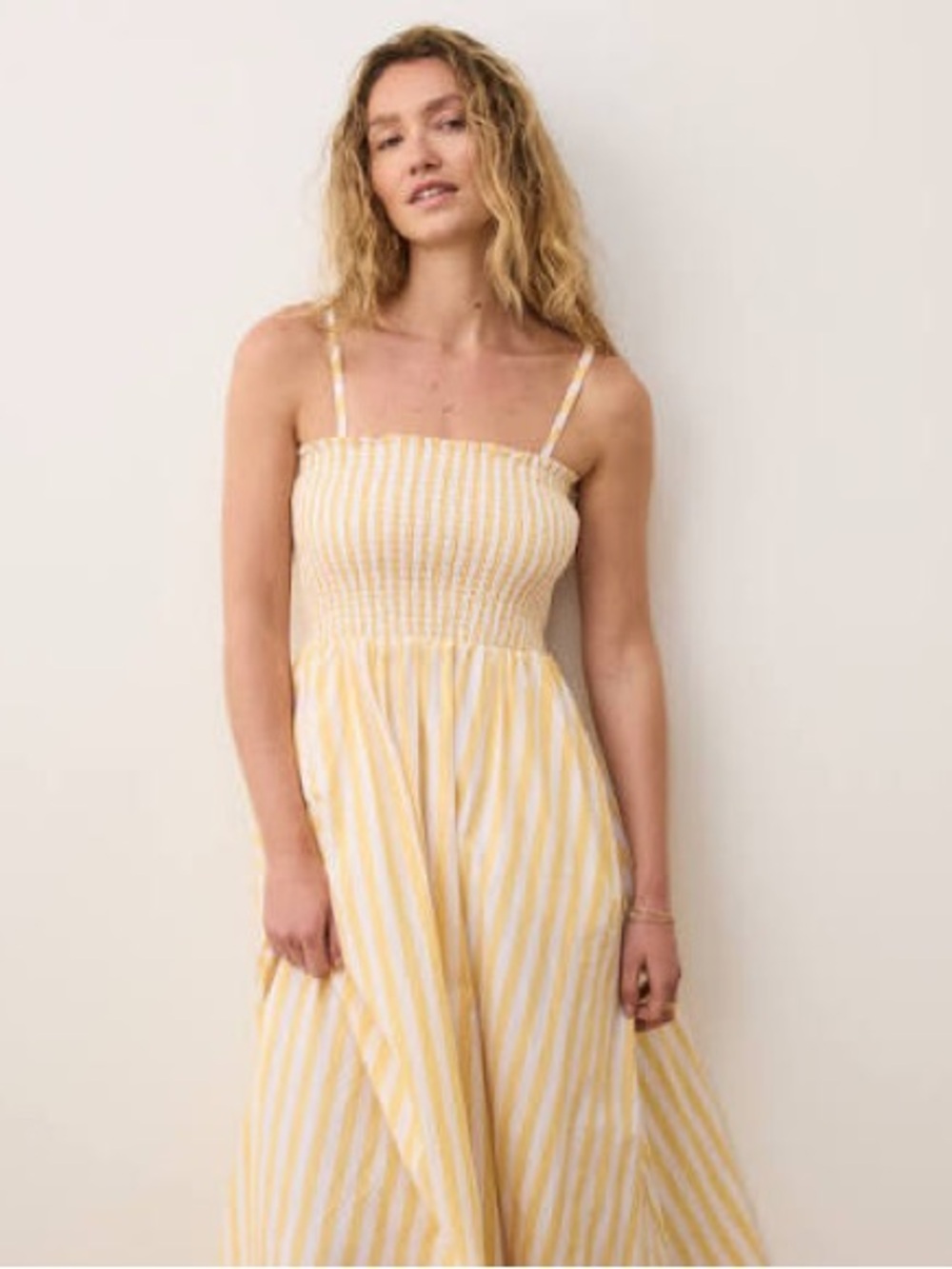 Marine Layer Sutton Strapless Yellow and White Striped Smocked Maxi Dress